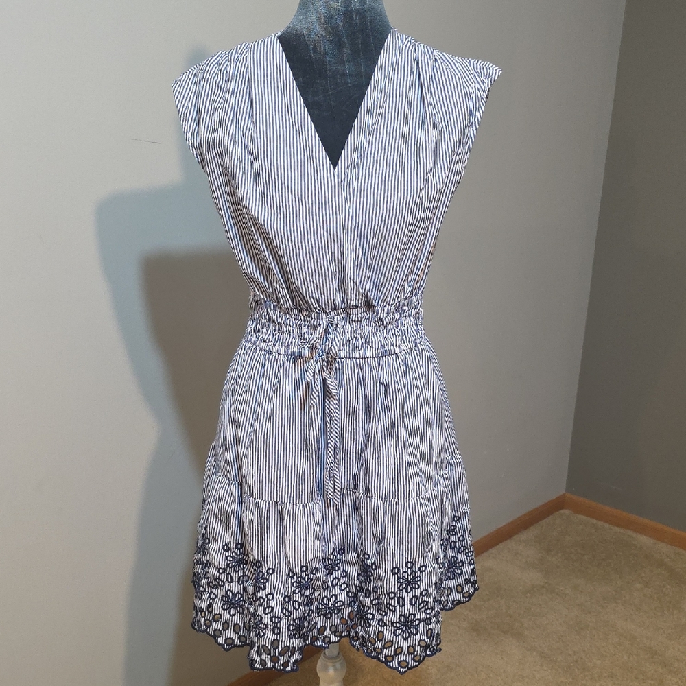 Rachel Zoe Blue Stripe Embroidered Wrap Style Dress | Size